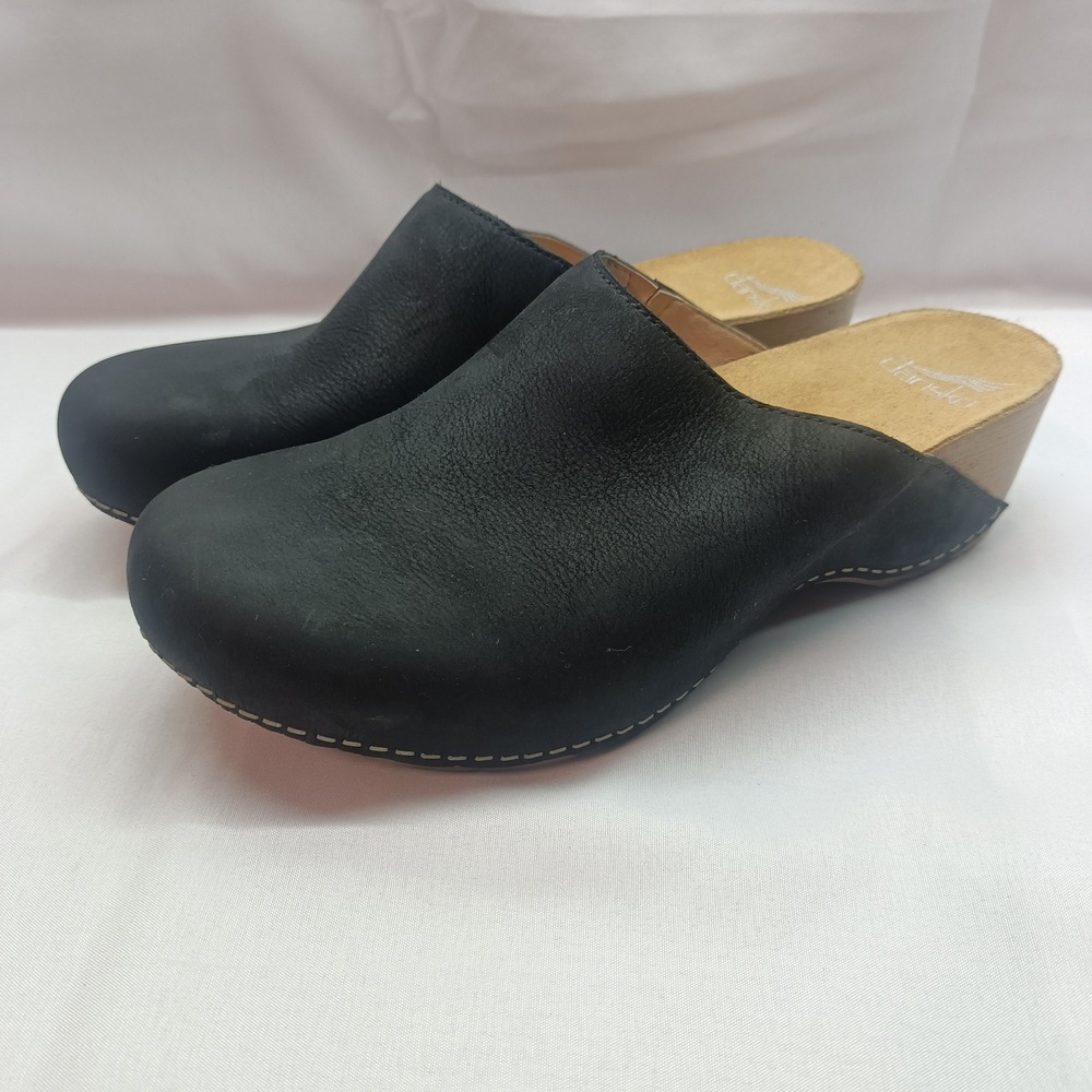 Dansko Womens Black Leather Clogs Wedge Mules Slip On Shoes Size 39 US 8.5